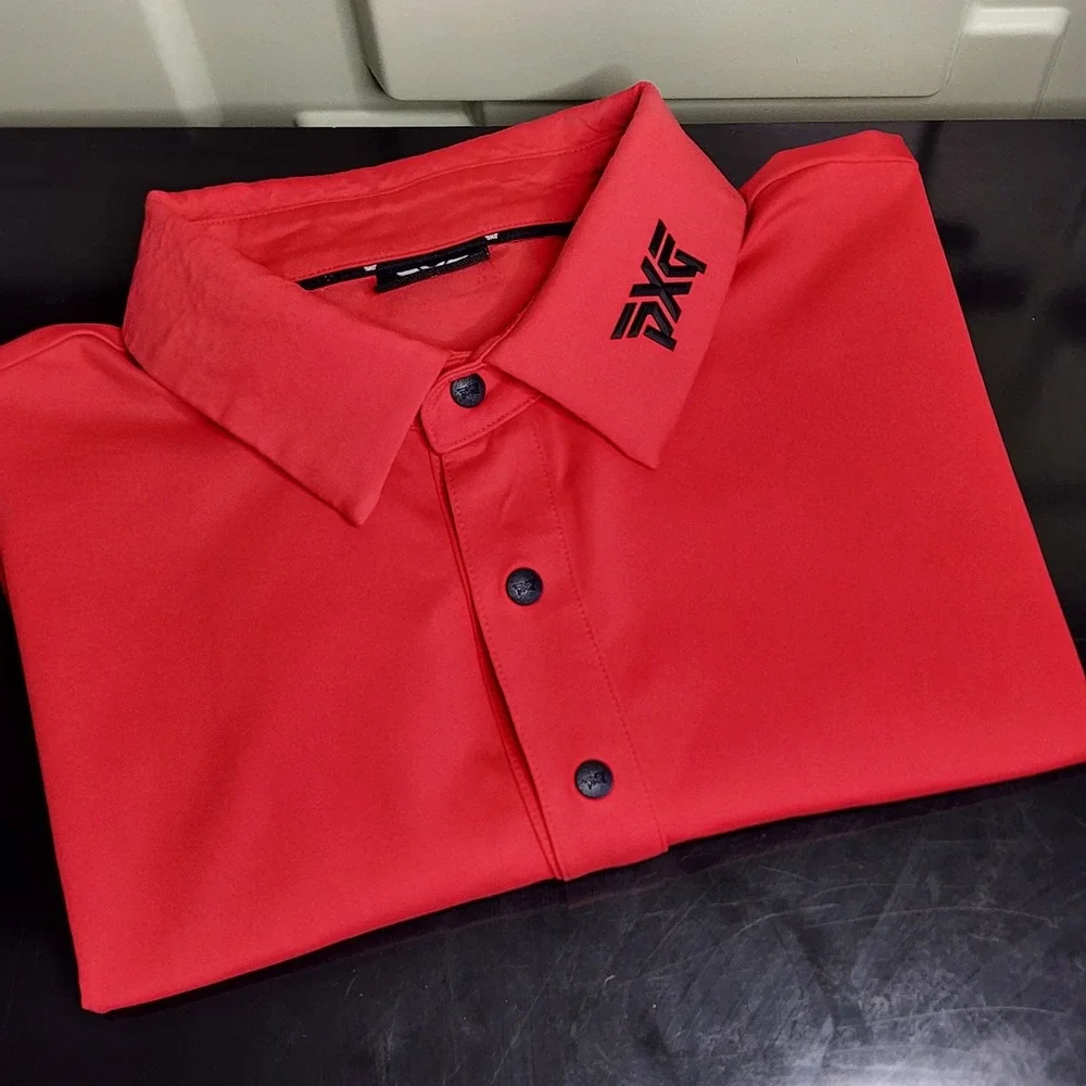 PXG Polo Shirt Mens Medium Red Athletic Snap Button Performance Golf Excellent - Picture 2 of 15